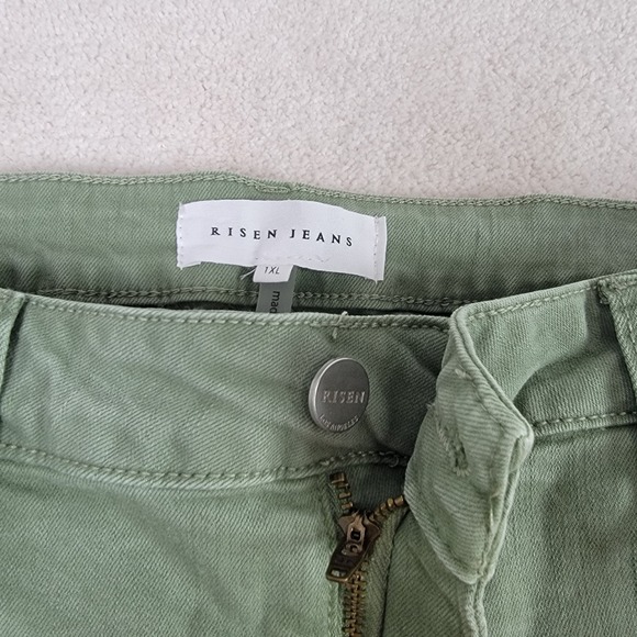 RISEN NEW Women's 1XL Olive High Rise Wide Leg Distressed Raw Hem Denim Jeans - Picture 5 of 12